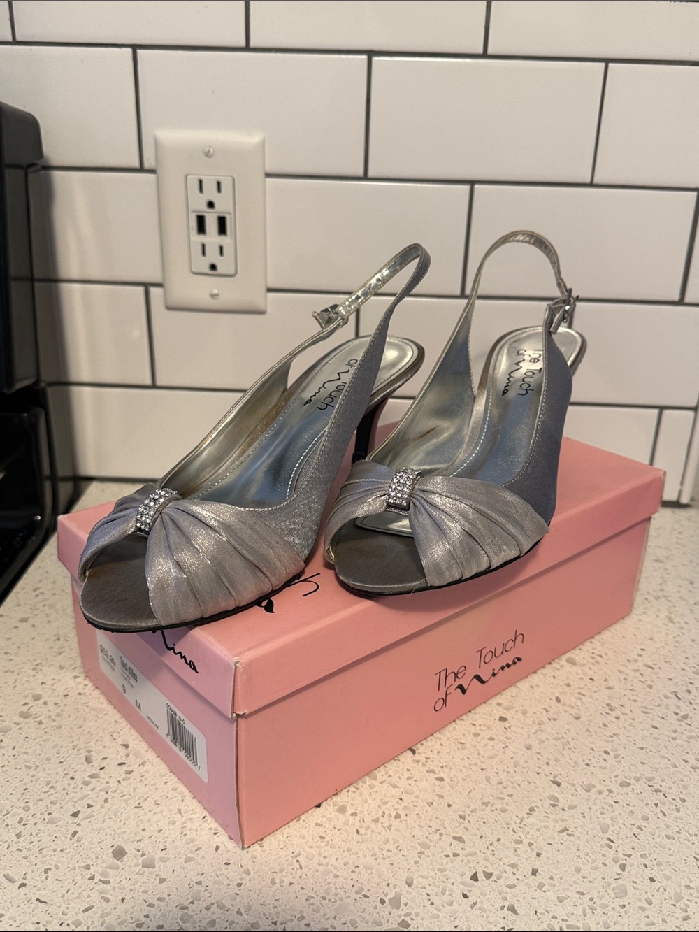 Nina Silver Satin Knotted Peep-Toe Slingback Heels with Rhinestone Accent